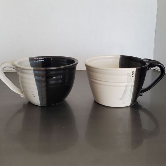 Studio Art Pottery Oversized Ceramic Coffee Mugs Black White Artist Signed - Picture 2 of 12